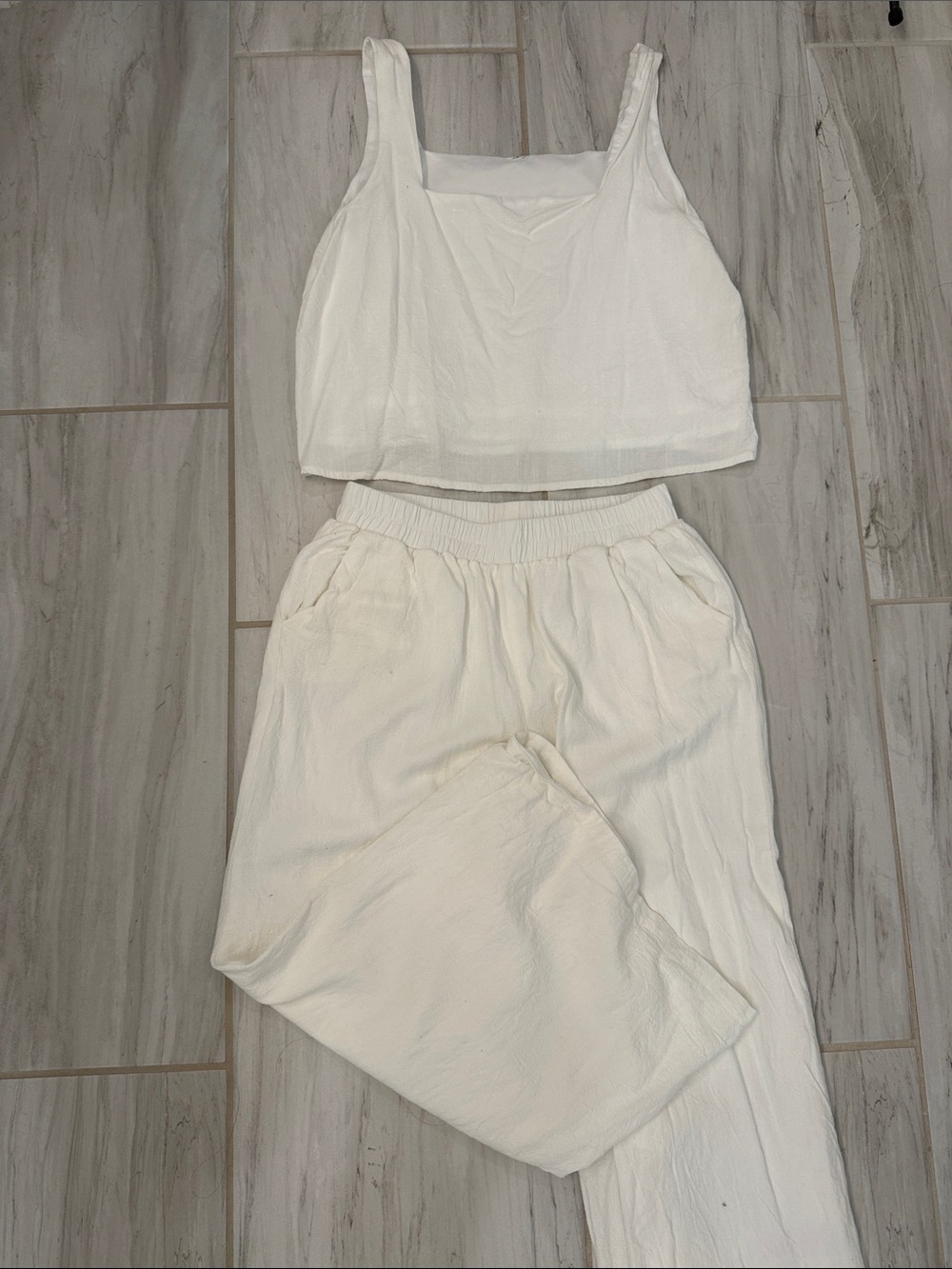 Women’s Ivory Two-Piece linen Set - Tank Top & Elastic Waist Pants